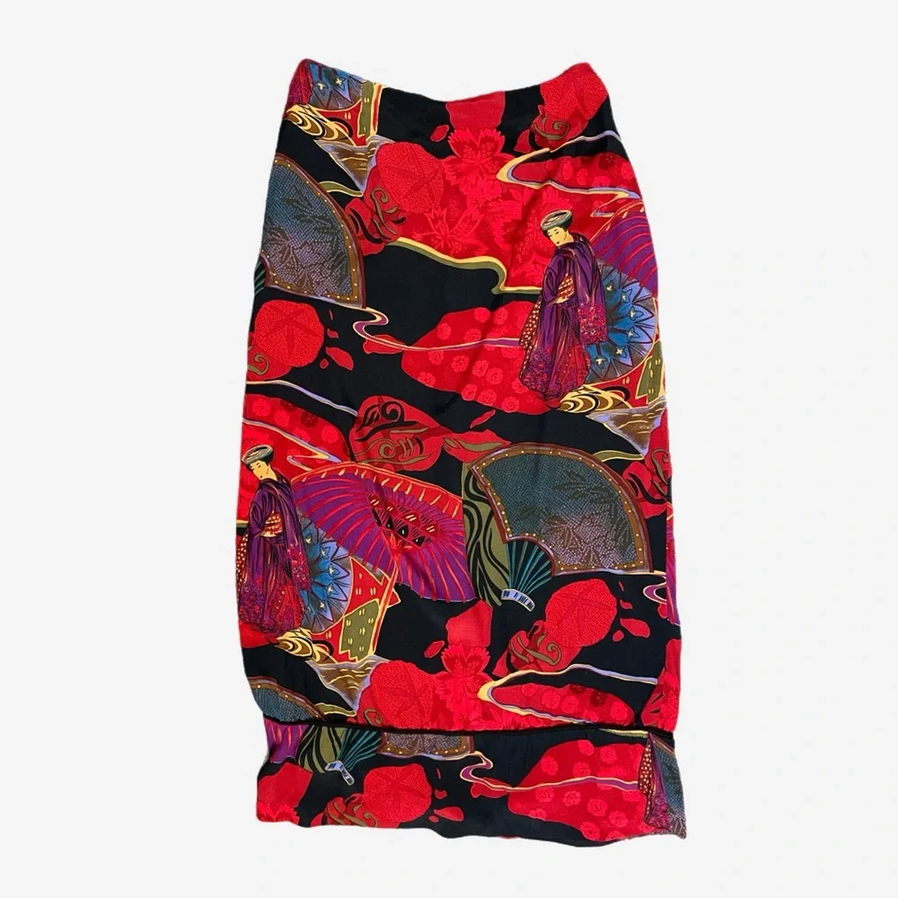 Vintage 90s Clio Red geisha graphic printed ruffle hem midi skirt eclectic XS/S